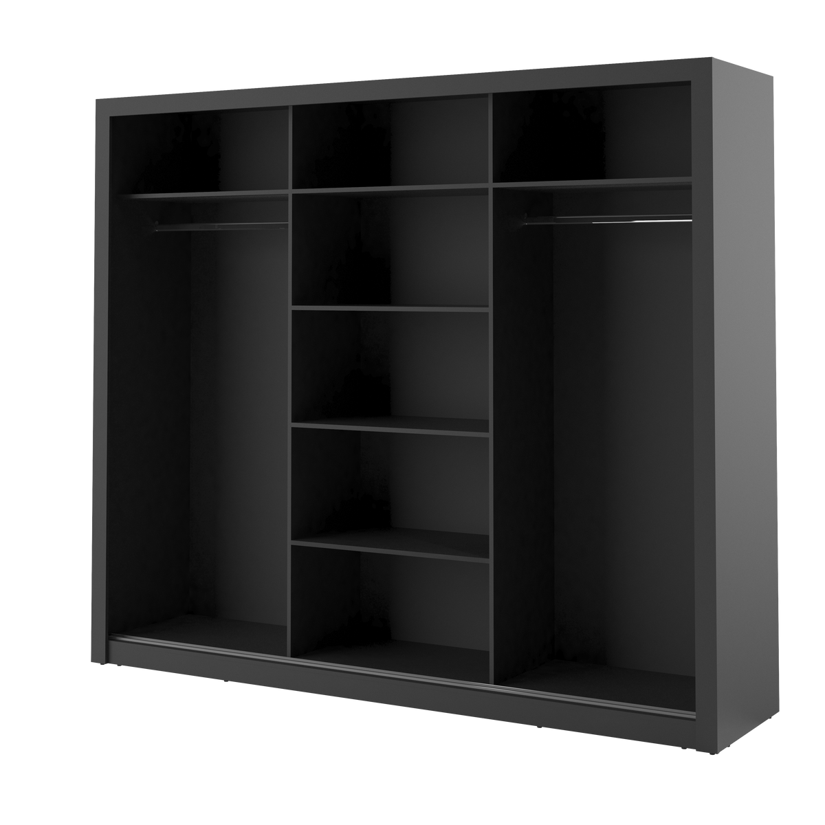 Open dark gray wardrobe interior with hanging-bar rails and stepped shelving