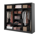 Sliding door wardrobe with open interior shelves, drawers, and hanging rails