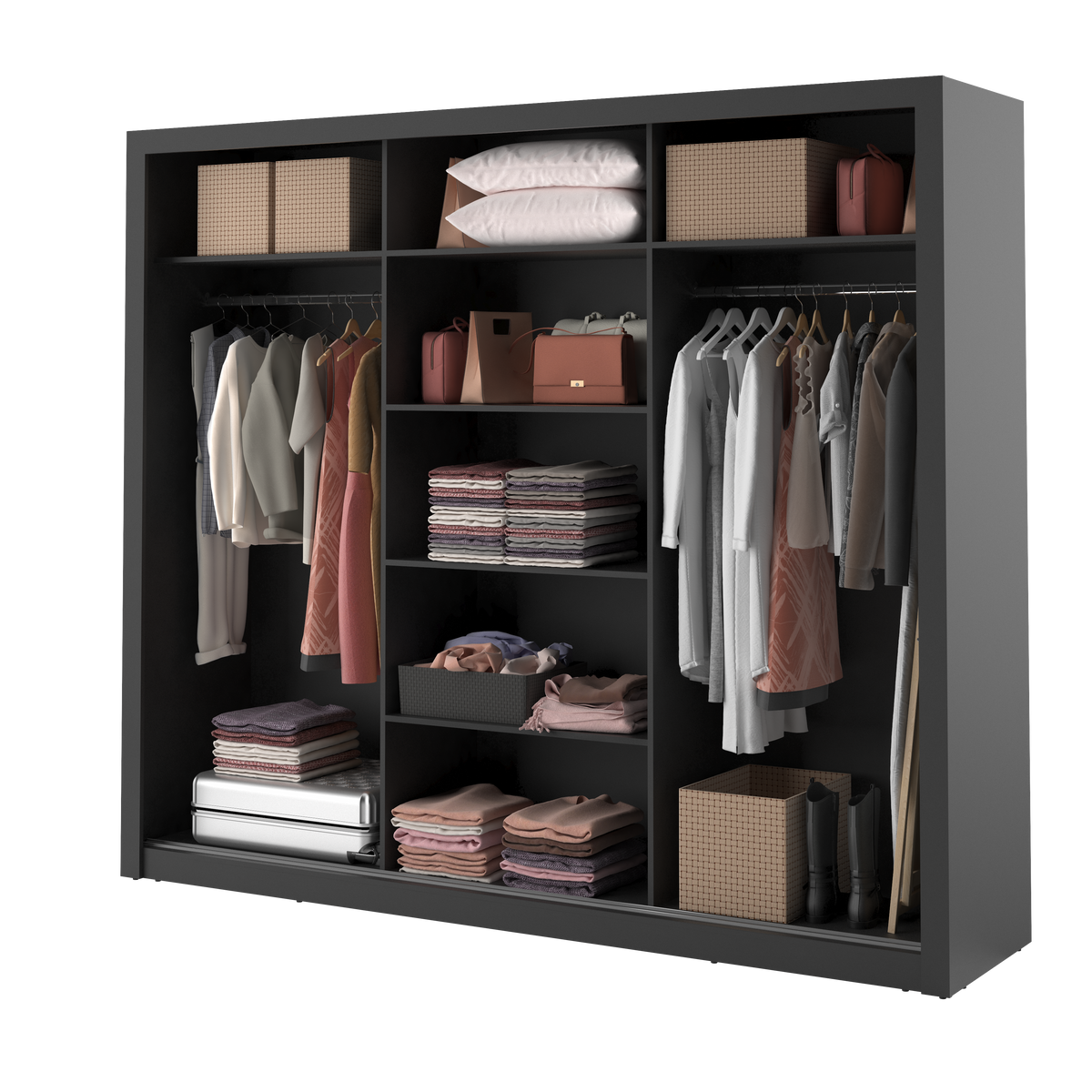Sliding door wardrobe with open interior shelves, drawers, and hanging rails