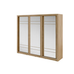 Wood-finish sliding door wardrobe with three doors and slim vertical handles
