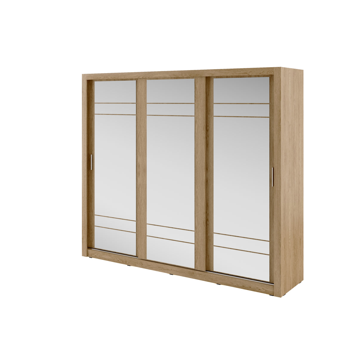 Wood-finish sliding door wardrobe with three doors and slim vertical handles
