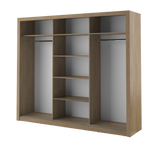 Wood-finish sliding door wardrobe with three panels and horizontal trim lines