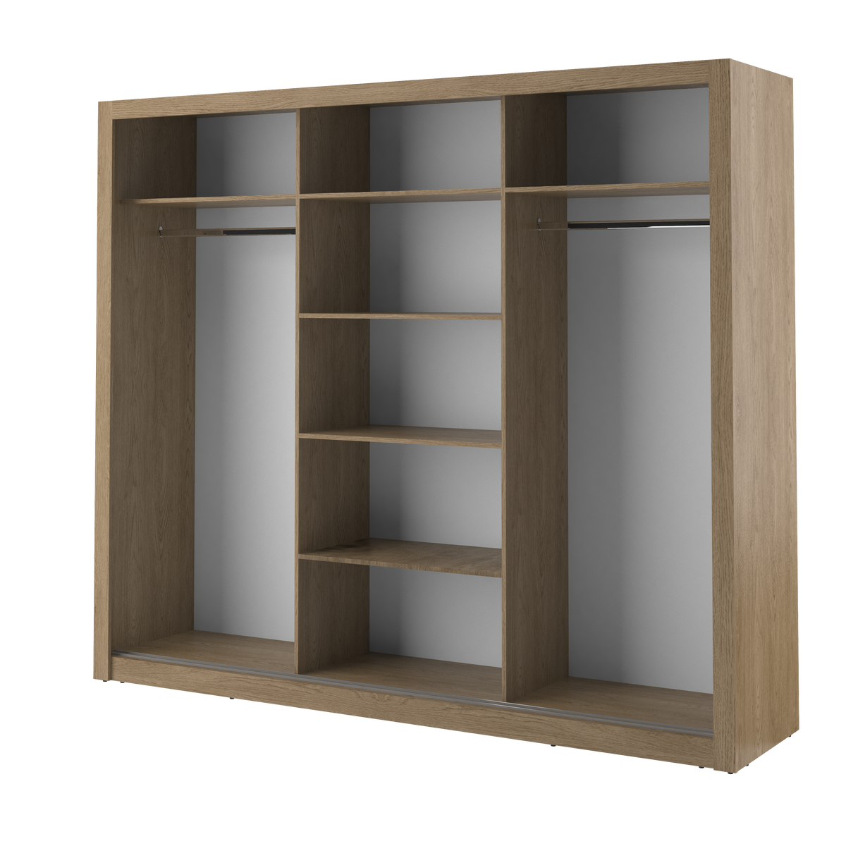 Wood-finish sliding door wardrobe with three panels and horizontal trim lines