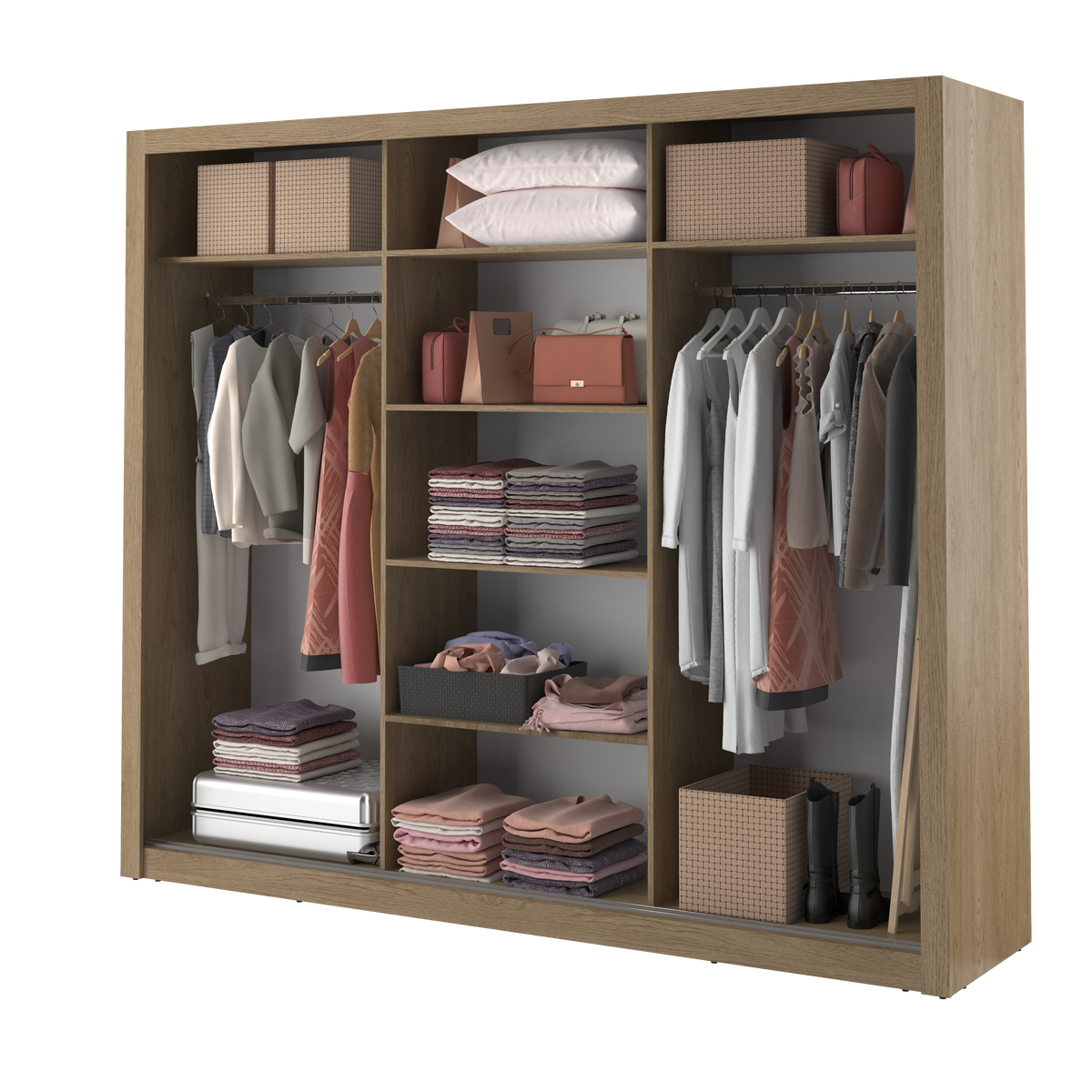 Sliding door wardrobe in wood finish with shelves, drawers, and hanging clothing rails