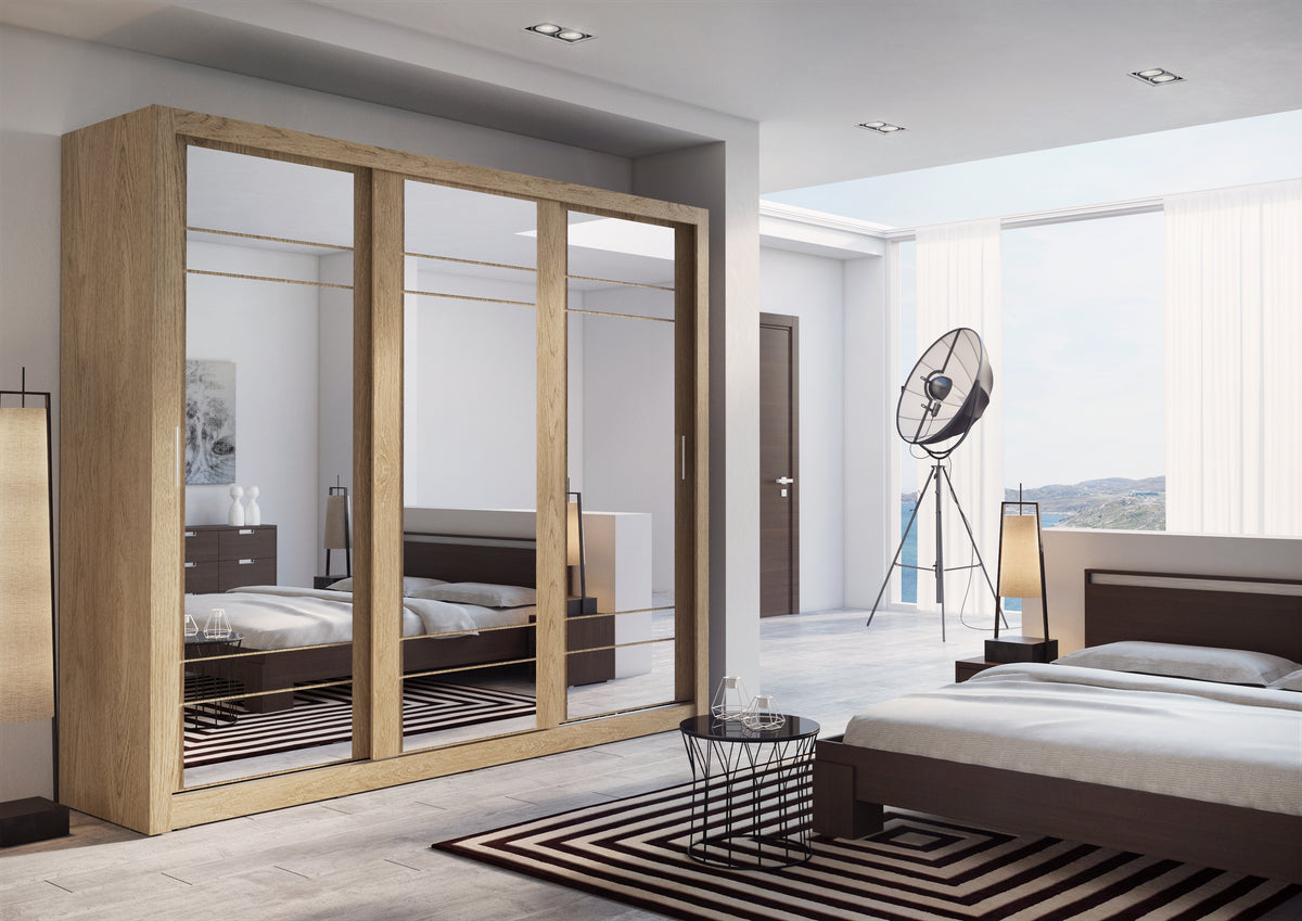 Sliding door wardrobe with light wood frame and mirrored doors, interior storage behind