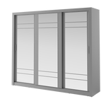 Gray sliding door wardrobe with three mirrored panels and slim handle pulls