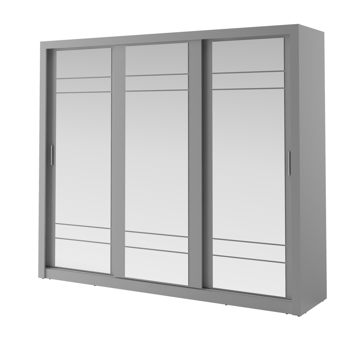 Gray sliding door wardrobe with three mirrored panels and slim handle pulls
