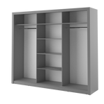 Open gray wardrobe interior with hanging-bar rails and stepped shelving compartments