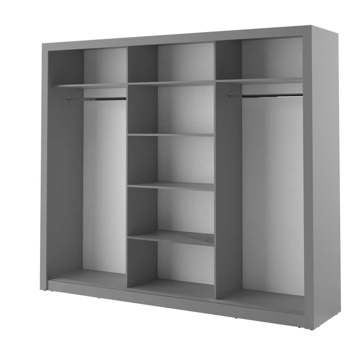 Open gray wardrobe interior with hanging-bar rails and stepped shelving compartments