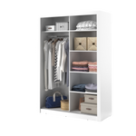 White sliding door wardrobe with open shelves, hanging rail, and folded items