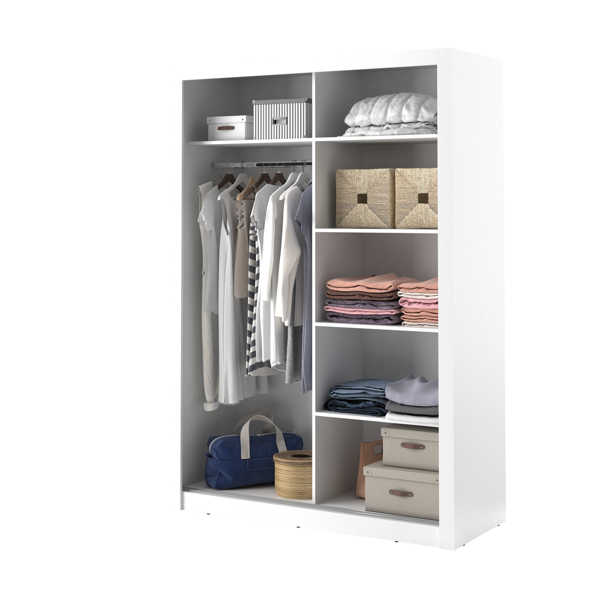 White sliding door wardrobe with open shelves, hanging rail, and folded items