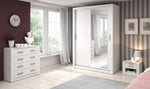 White Alfa-4 sliding door wardrobe with open shelves and hanging rail inside