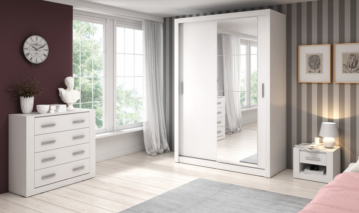 White Alfa-4 sliding door wardrobe with open shelves and hanging rail inside