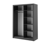 Dark grey Alfa-4 sliding door wardrobe with open interior shelves and hanging rail