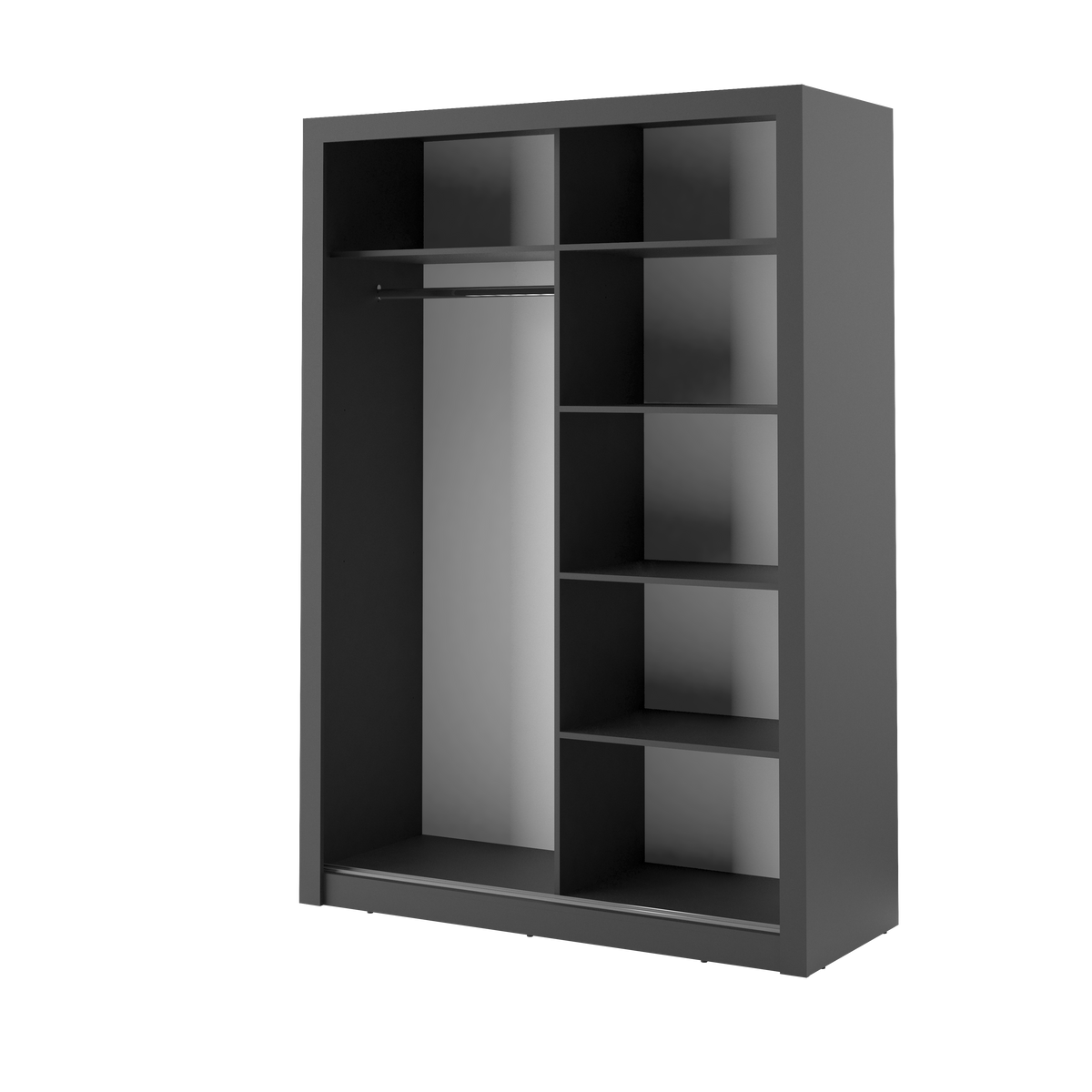 Dark grey Alfa-4 sliding door wardrobe with open interior shelves and hanging rail