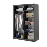 Black Alfa-4 sliding door wardrobe with open interior showing hanging rail and shelves