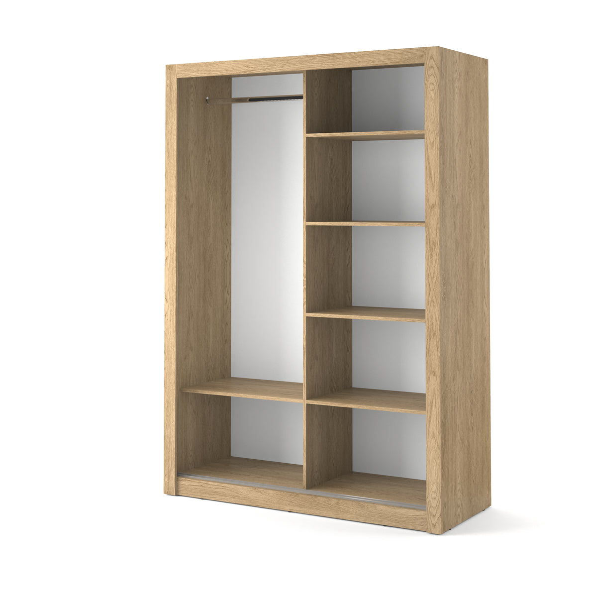 Shetland Oak Alfa-4 sliding door wardrobe with open storage shelves and hanging area