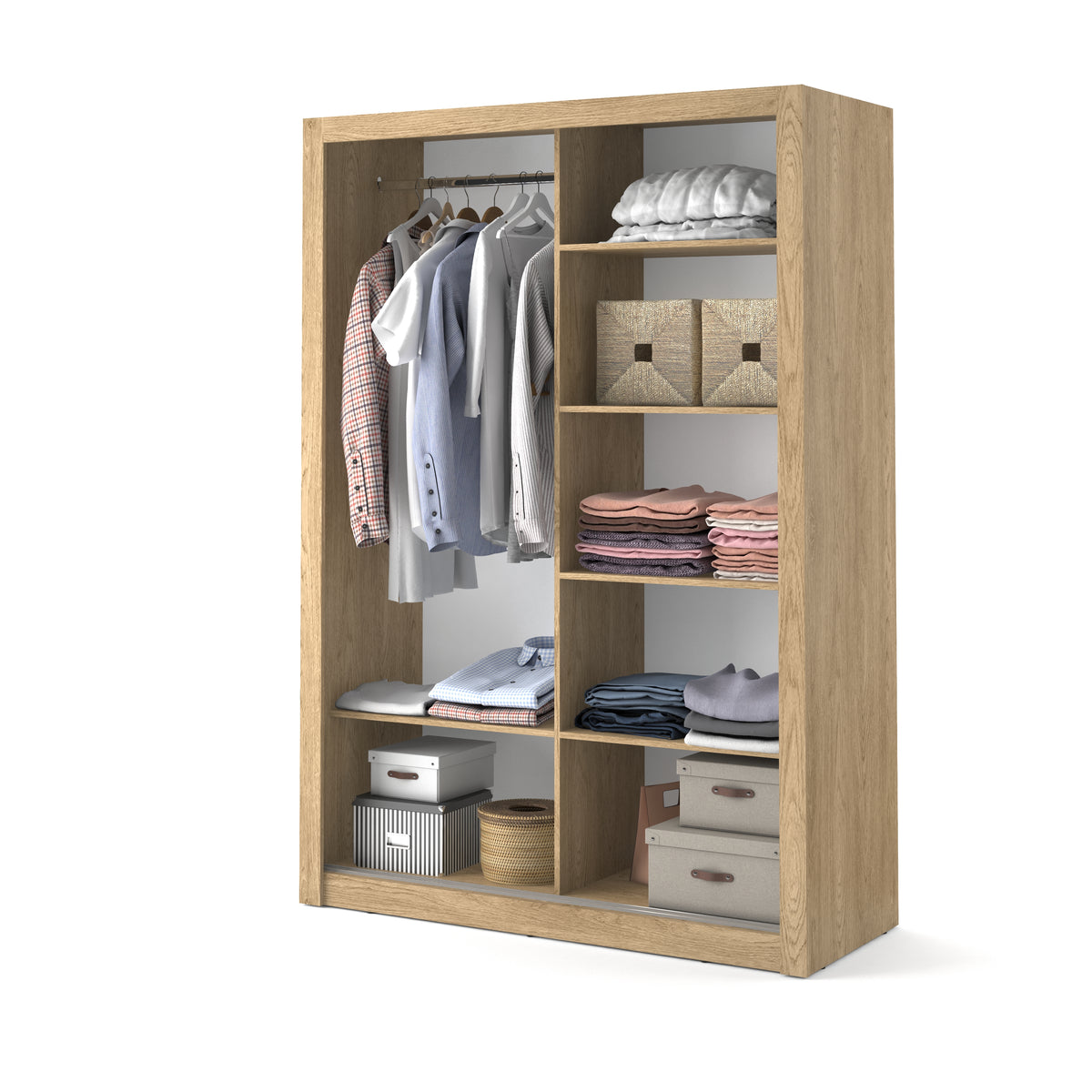 Shetland Oak Alfa-4 sliding door wardrobe with open interior shelves and hanging rail