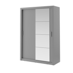 Grey sliding door wardrobe with white panel and two vertical metal handles