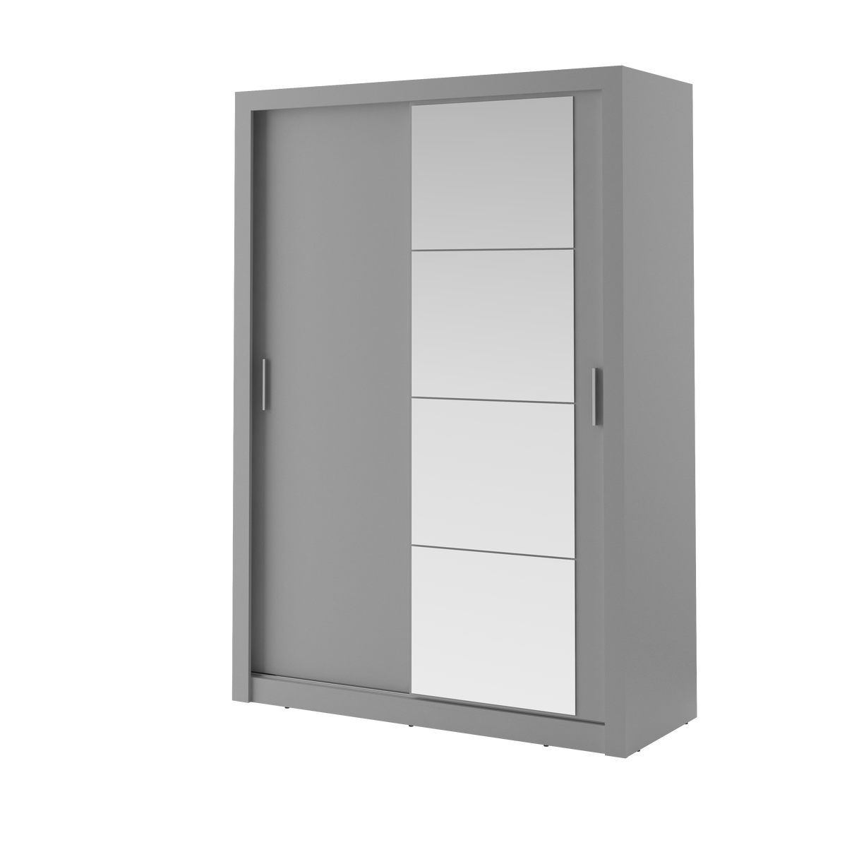 Grey sliding door wardrobe with white panel and two vertical metal handles