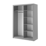 Light grey Alfa-4 sliding door wardrobe with open interior shelves and hanging rail