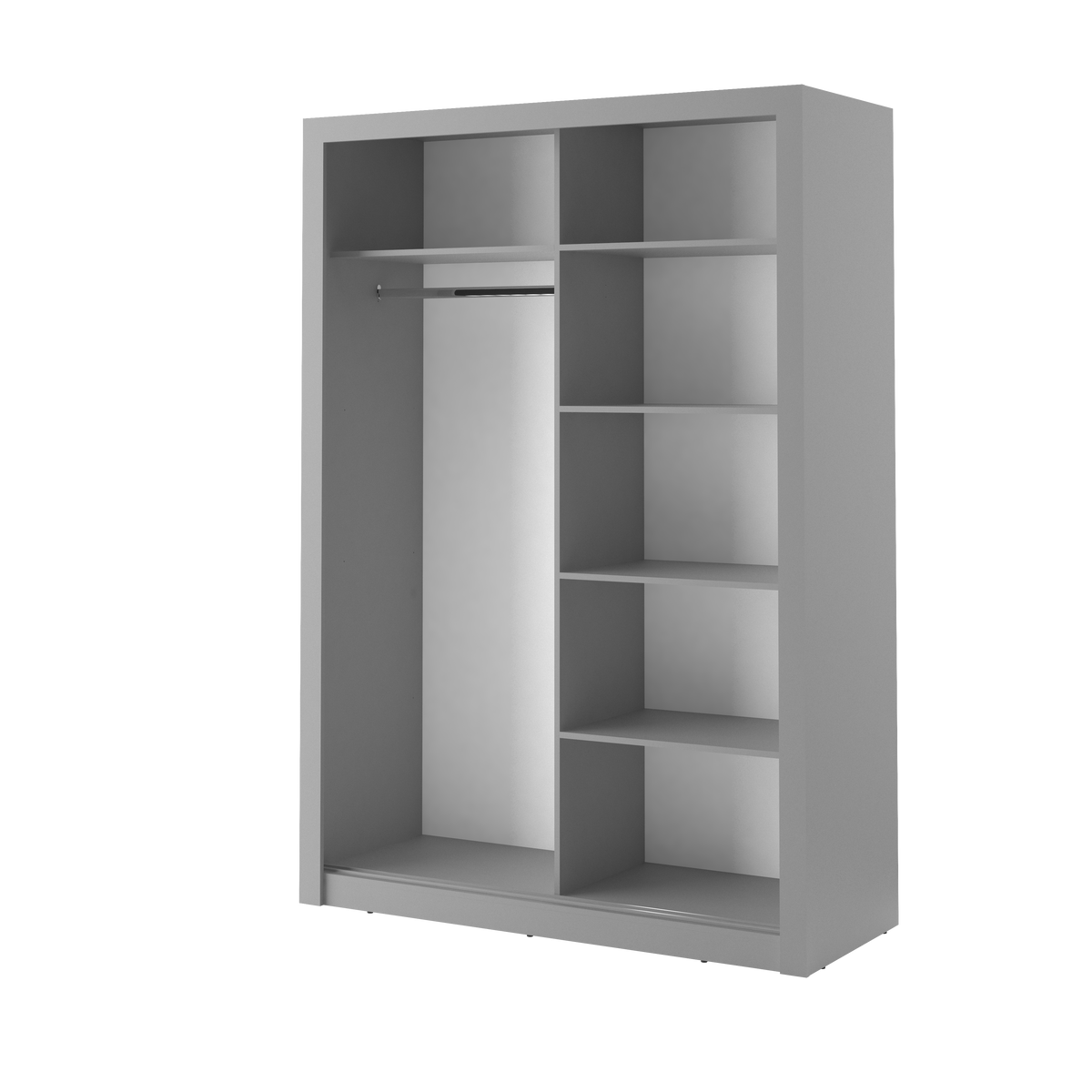 Light grey Alfa-4 sliding door wardrobe with open interior shelves and hanging rail