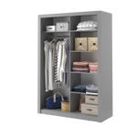 Grey sliding door wardrobe with open storage compartments, hanging rail, and drawers
