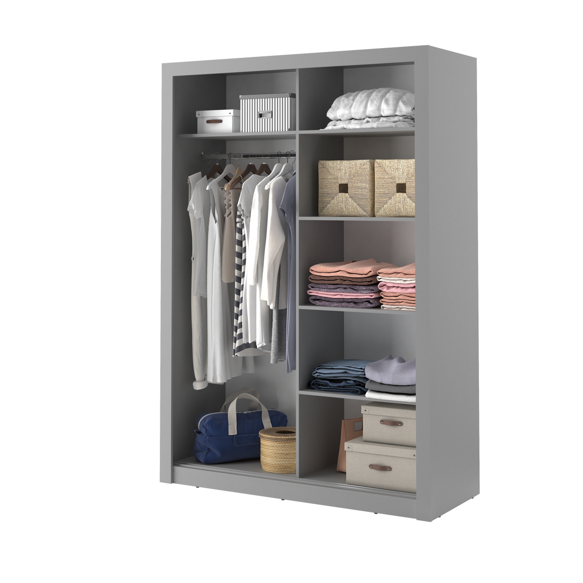 Grey sliding door wardrobe with open storage compartments, hanging rail, and drawers