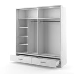 White sliding door wardrobe with open shelves, hanging rail, and two drawers
