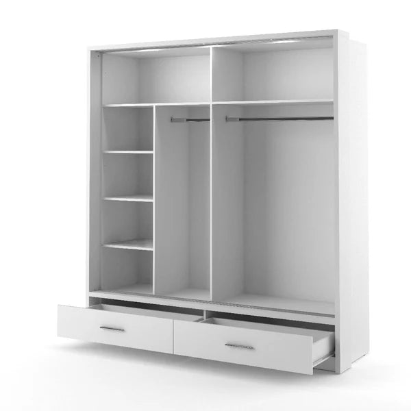 White sliding door wardrobe with open shelves, hanging rail, and two drawers