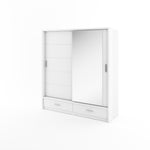 White sliding door wardrobe with two lower drawers and vertical pull handles