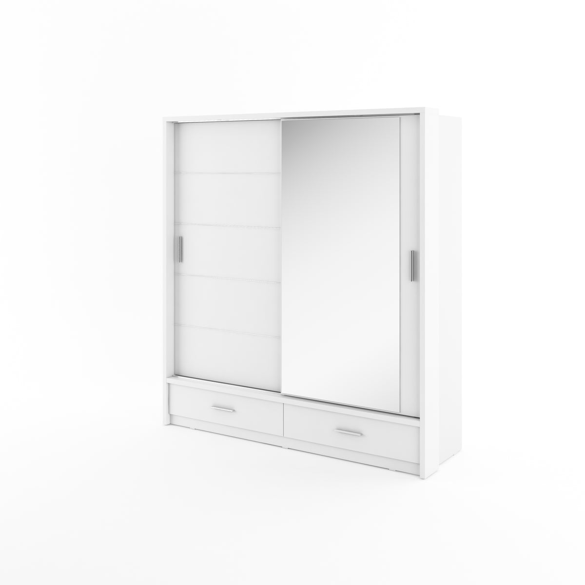 White sliding door wardrobe with two lower drawers and vertical pull handles