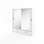 White sliding door wardrobe with two drawer base and vertical pull handles
