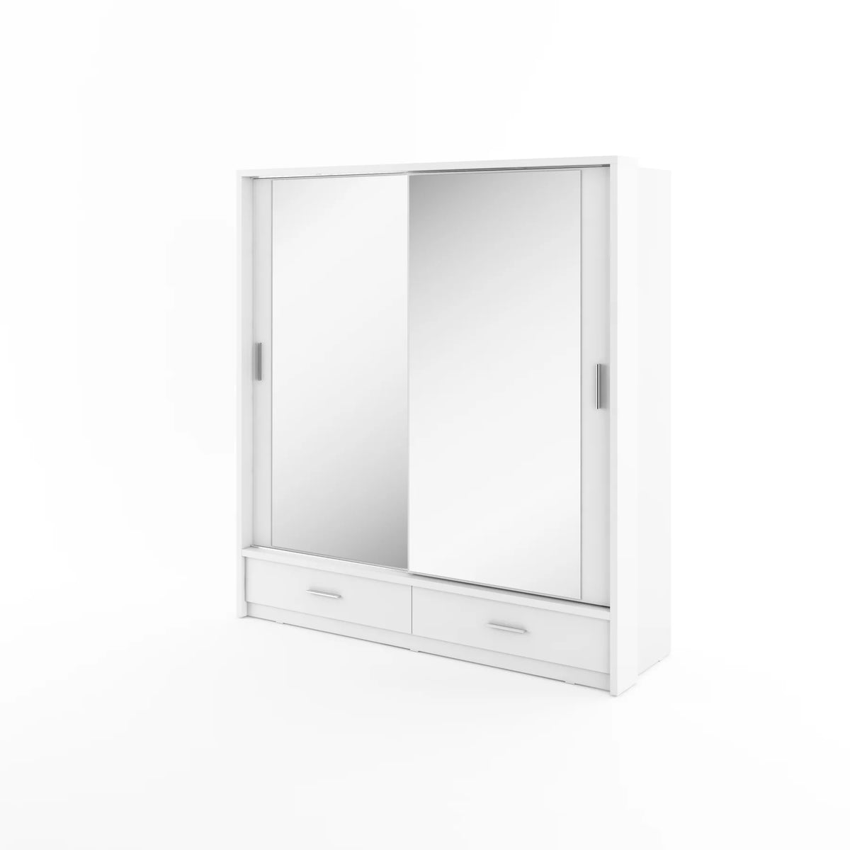 White sliding door wardrobe with two drawer base and vertical pull handles