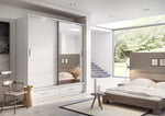 Sliding door wardrobe in light grey with built-in drawers and interior shelving