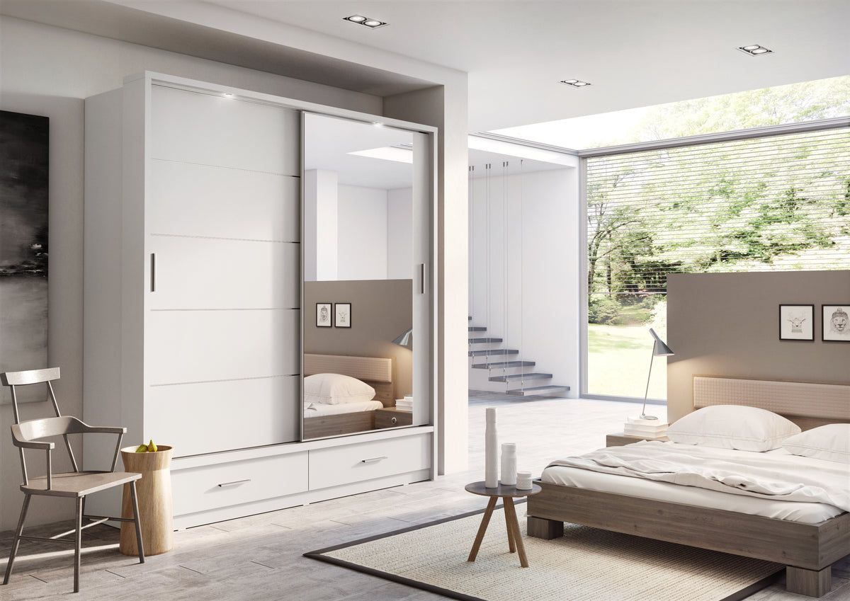 Sliding door wardrobe in light grey with built-in drawers and interior shelving