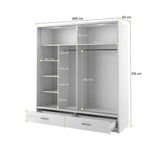 Grey wardrobe size diagram with labeled shelves, hanging rail, and drawers