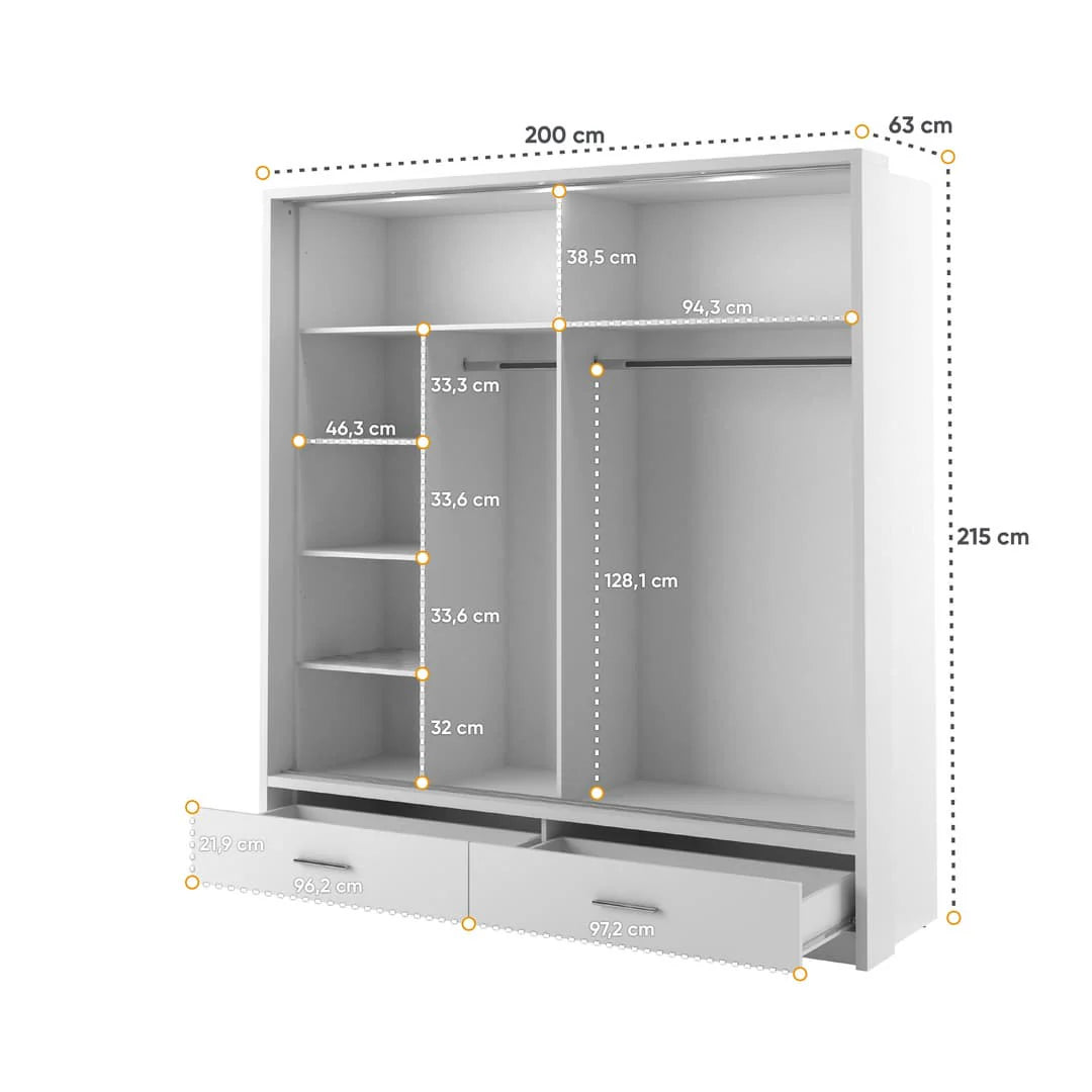 Grey wardrobe size diagram with labeled shelves, hanging rail, and drawers