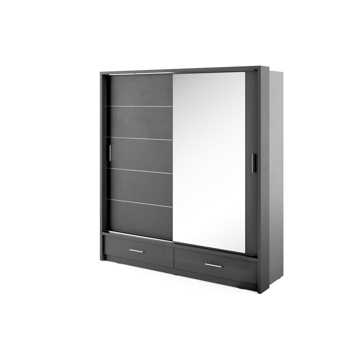 Grey sliding door wardrobe with side handles and two lower drawer fronts