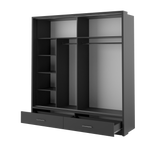 Black sliding door wardrobe with vertical handles and two lower drawer fronts