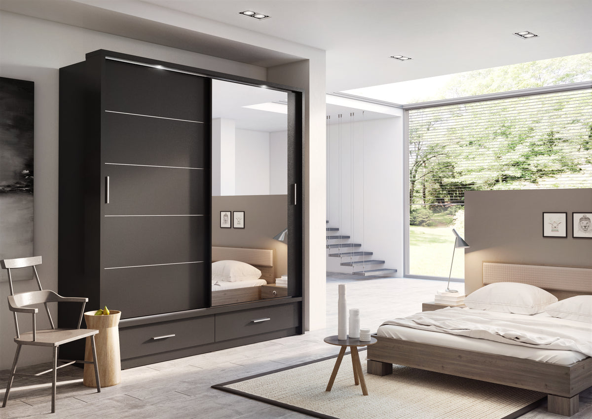 Sliding door wardrobe in dark finish with built-in drawers and interior shelves