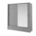 Grey sliding door wardrobe with vertical handles and two lower center drawers