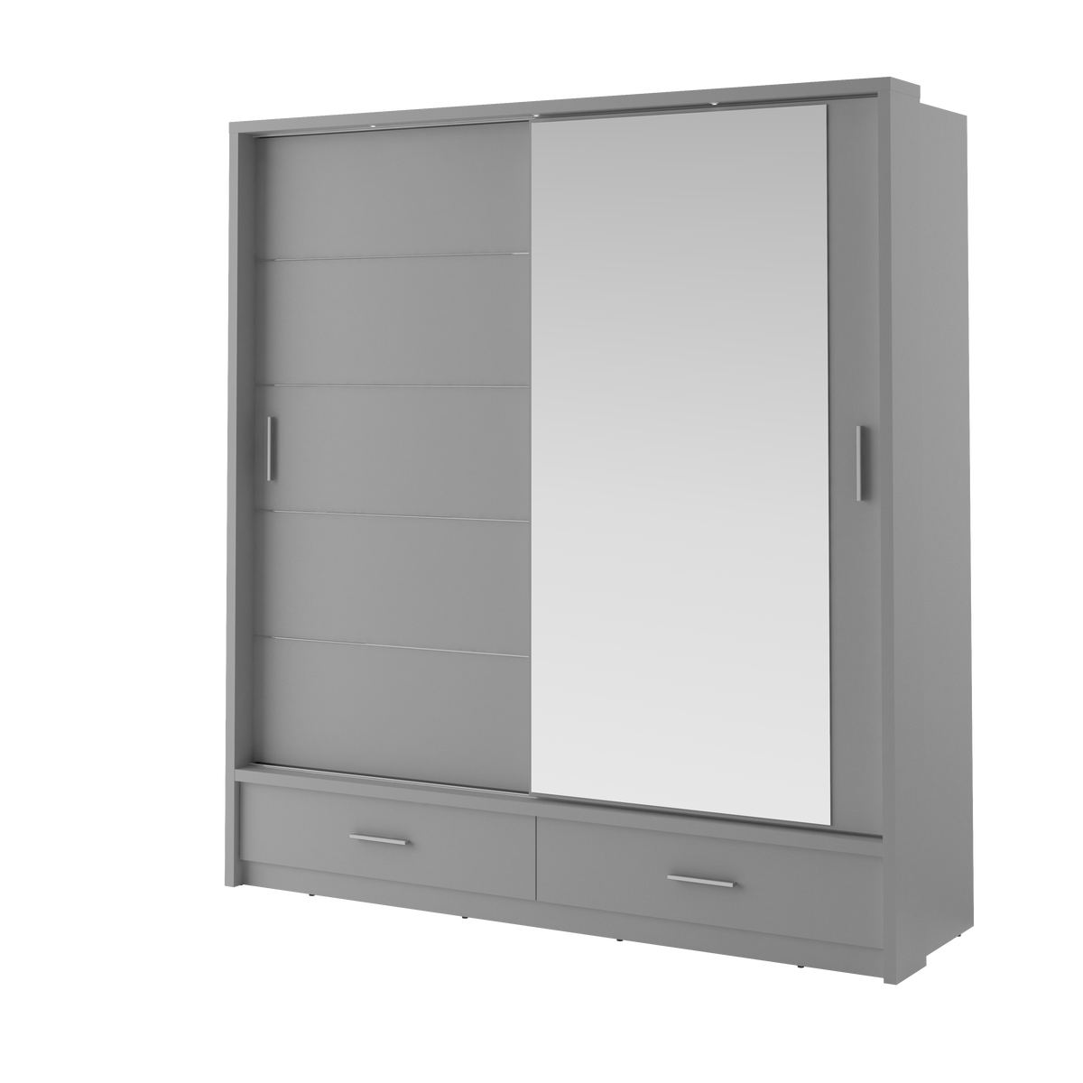 Grey sliding door wardrobe with vertical handles and two lower center drawers