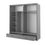 Open light grey wardrobe interior with shelves, hanging rails, and two drawers