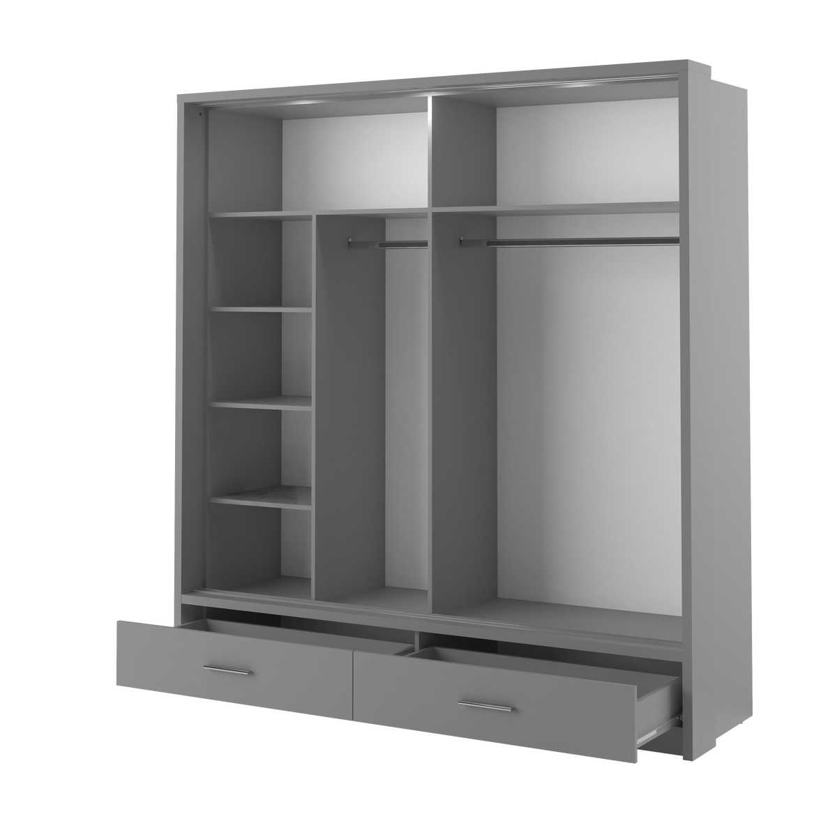 Open light grey wardrobe interior with shelves, hanging rails, and two drawers