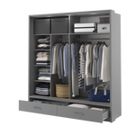 Grey sliding wardrobe with open compartments, hanging clothes and fold shelves