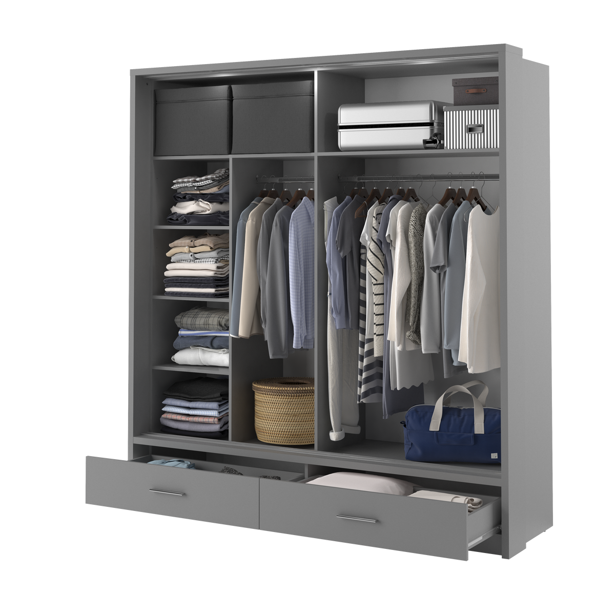 Grey sliding wardrobe with open compartments, hanging clothes and fold shelves