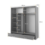 Grey wardrobe size diagram with labeled compartments, shelves, and hanging rail