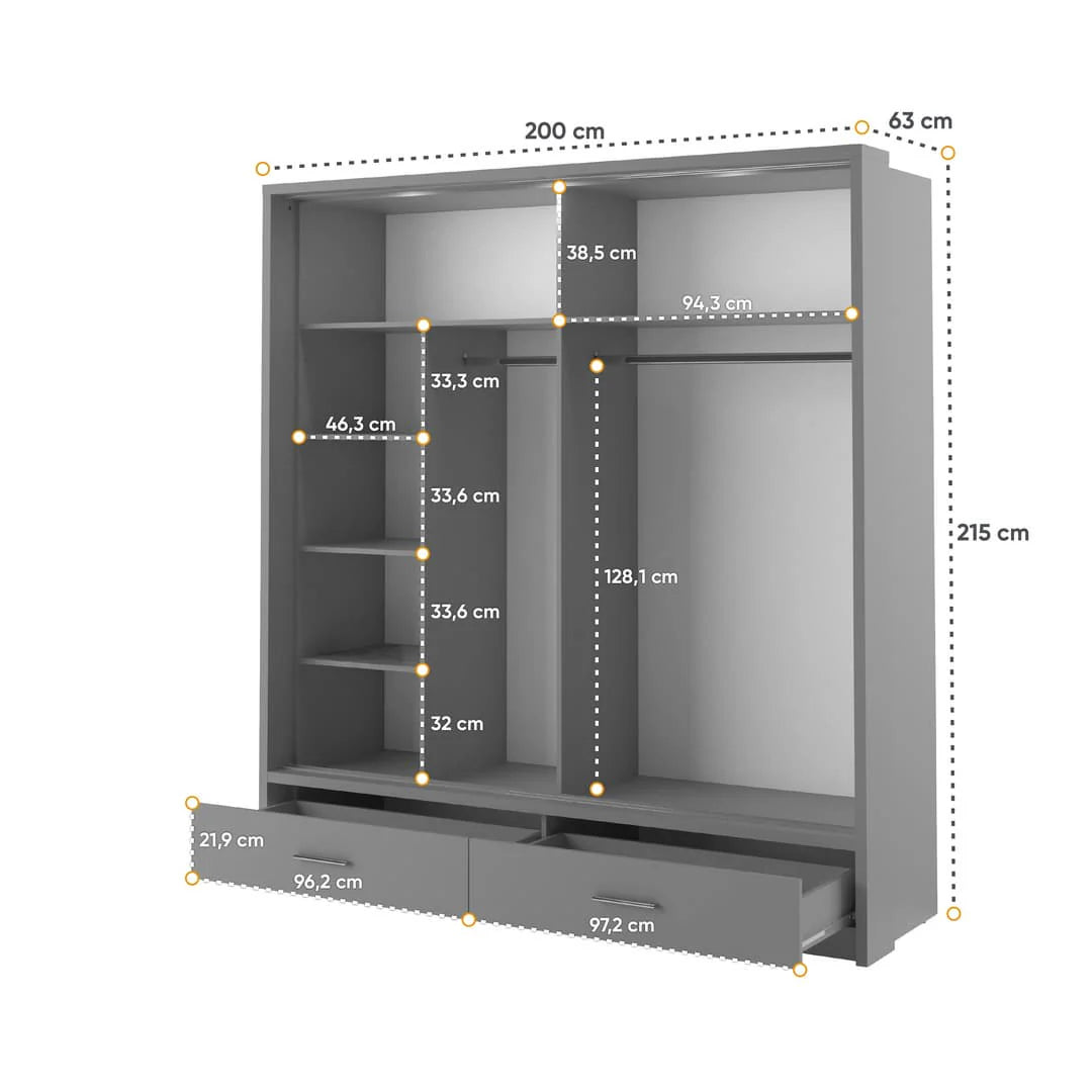 Grey wardrobe size diagram with labeled compartments, shelves, and hanging rail