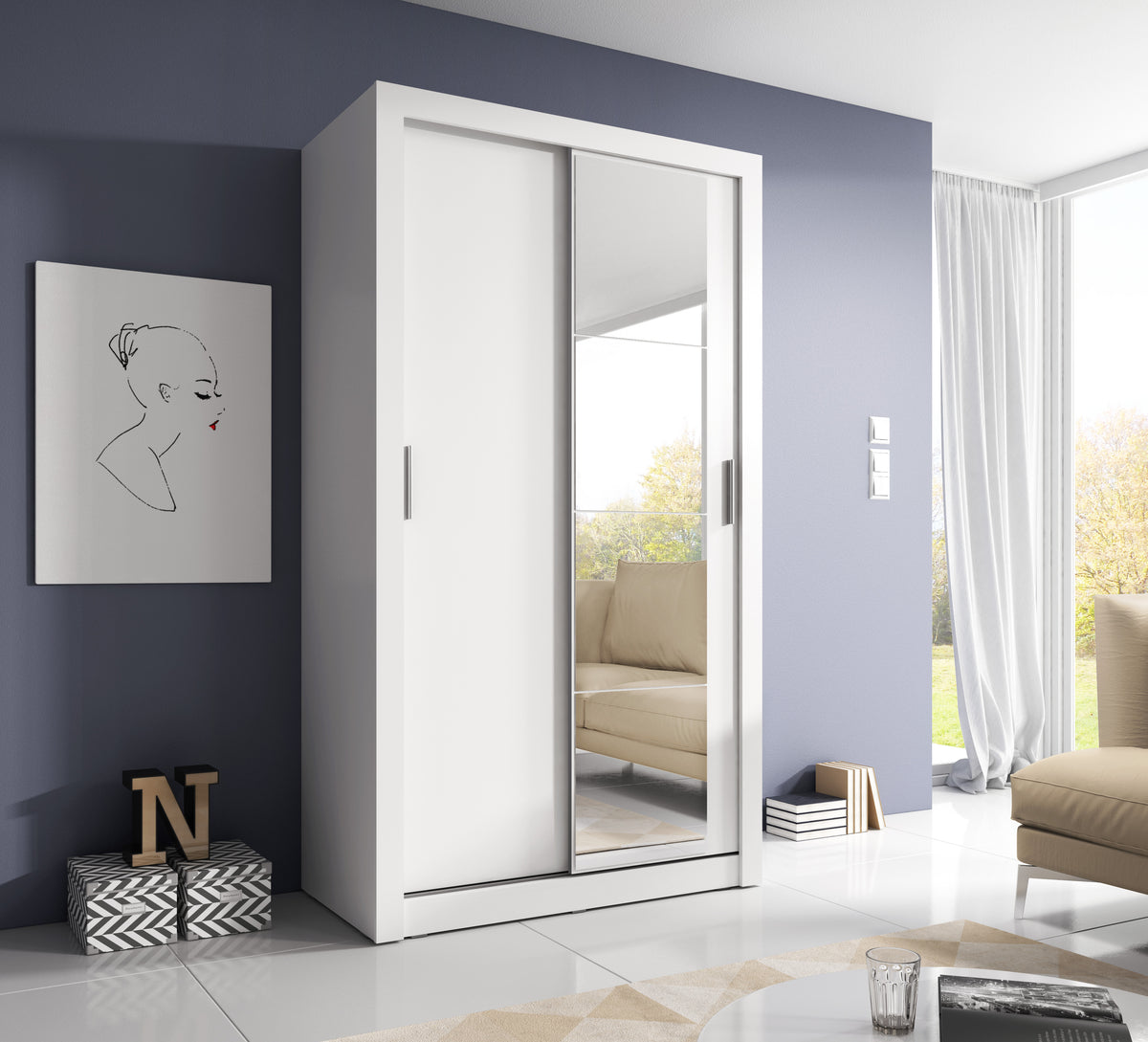 White sliding door wardrobe with two metal handles and vertical panel doors